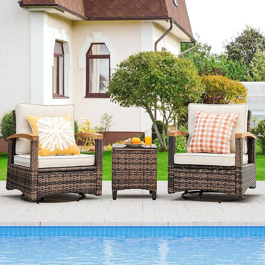 MEISSALIVVE 3 Piece Outdoor Swivel Rocker, Patio Furniture Bistro Set with 360° Wood Armrests Swivel Rocking Chairs and Side Table for Porch,Deck,Balcony(Beige)