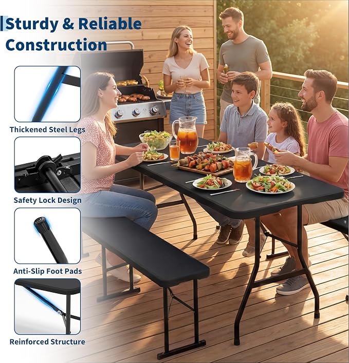 Garvee 6FT Portable Folding Table 2 Pack, HDPE Plastic Foldable Table with Carry Handle for Camping, Parties, Picnic & Events Indoor Outdoor, Black
