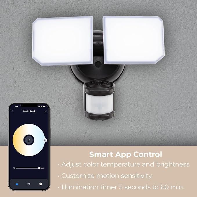 Guardian SMART Flood and Security Wall Light with 2 Lights 2,250 Lumens 20 Watts and Programmable Motion and Photo Sensor in Black, Works with Android or iOS