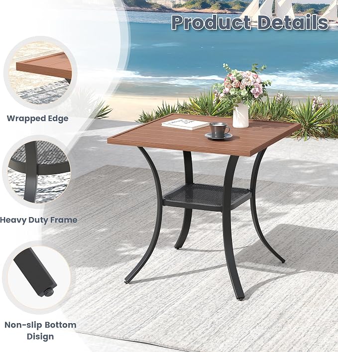 VICLLAX Patio Dining Table, Square Table Metal Outdoor Bistro Table with Rack for Balcony Garden Deck, 28inch Walnut