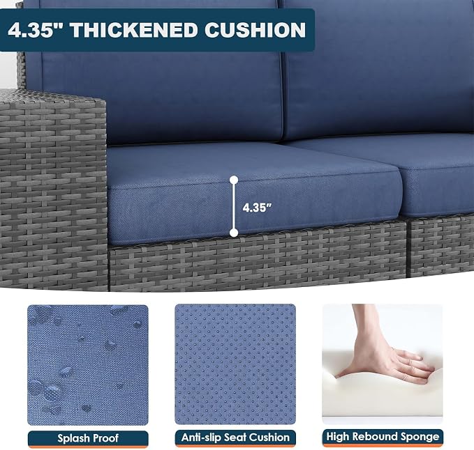 5 Piece Patio Furniture Set with Fire Pit Table, Outdoor Conversation Sets Grey Wicker Rattan Sectional Sofa, 4'' Thickened Cushion Navy Blue