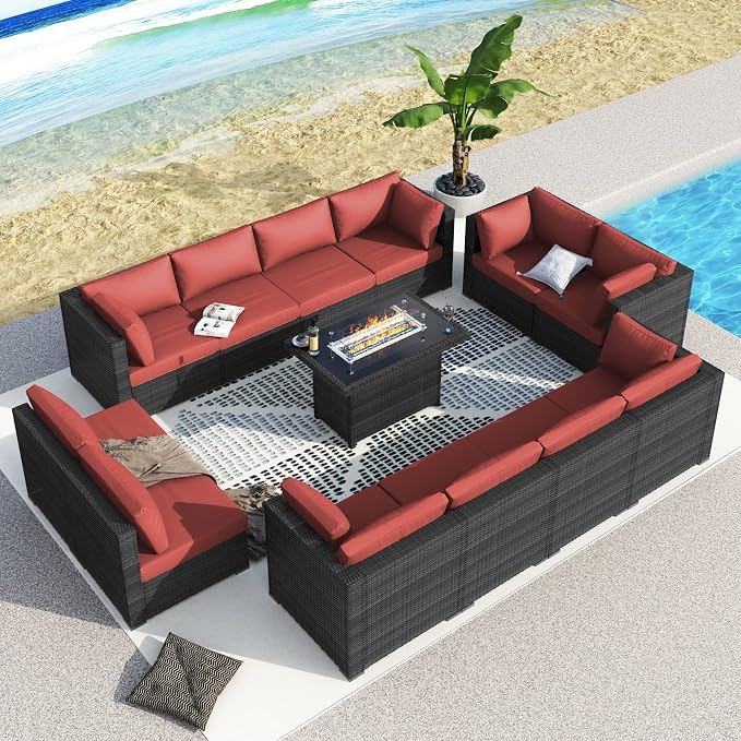 BULEXYARD 13 Piece High Back Patio Furniture Sets with Firepit, Luxury Outdoor Seating Sectional Couch 12-Person Modular, Comfortable Extra Large Wide Deep Backyard Conversation Sofa Set, Grey & Red