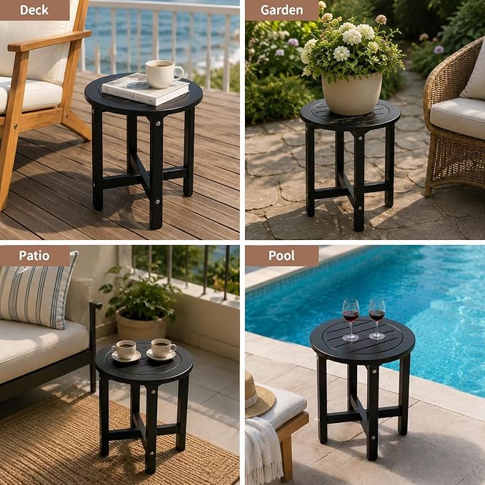 Small Outdoor Side Table 15.94" HDPE Round Adirondack End Table | Storage Shelf, Plant Stand, Weather Resistant, Easy to Clean & Use, Not prone to fading, for Patio, Backyard, Deck, Black