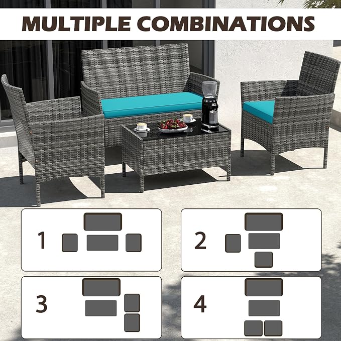 RELAX4LIFE 8-Piece Patio Furniture Set - Rattan Outdoor Conversation Bistro Set w/Cushions, Glass Coffee Table, Wicker Chairs & Loveseat for Pool Garden Backyard Porch Balcony (2, Mix Grey-Turquoise)