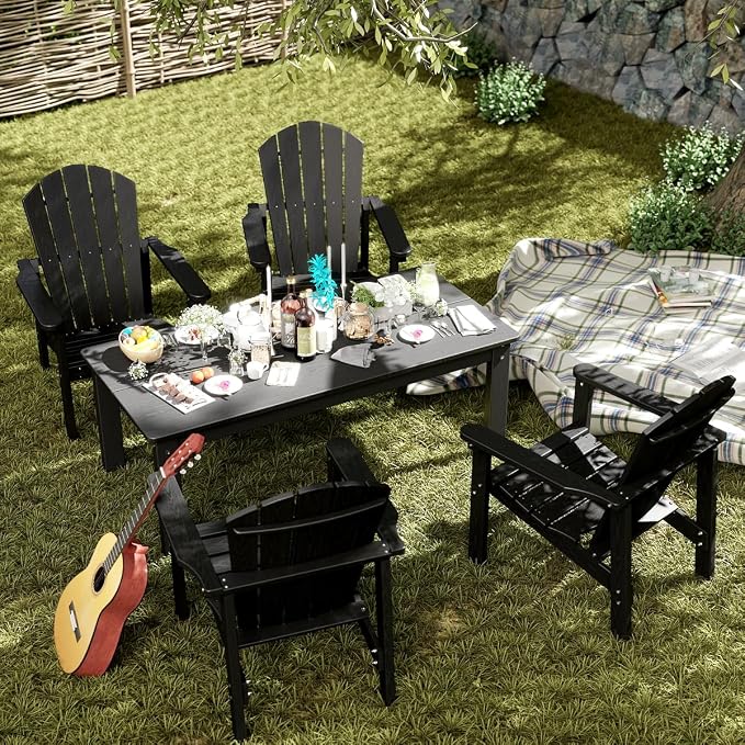 nevilywood 5-Piece HDPE Adirondack Chair Set, 4 Stackable Chairs Coffee Table, All-Weather Wood Grain, Patio Garden Backyard,Black