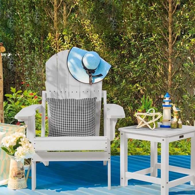 Outdoor Side Table, HIPS Plastic Composite Adirondack Patio Table, Weather Resistant End Tables for Outside, Indoor, Patio, Garden, Pool, Porch, Backyard, Lawn, Deck - White