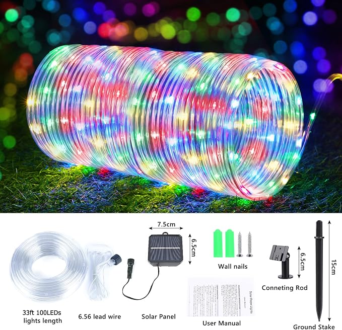Solar Rope Lights, 33ft 100LED Solar String Lights, 8 Modes Waterproof Solar Outdoor Light, Flexible Clear Trampoline Light for Garden Backyard Patio Deck Porch, Pool Tree Decoration - Multicolor