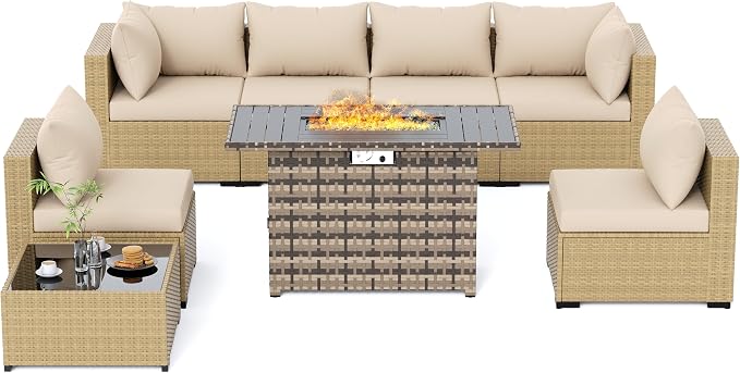 UDPATIO Furniture Set with Fire Pit Table, 8 Piece Sectional Sofas, All-Weather Wicker Conversation for Garden, Backyard, Yellow/Beige