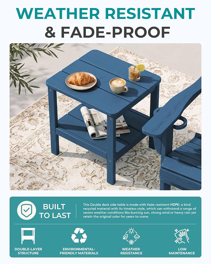 SERWALL 2-Tier HDPE Outdoor Side Table, Weatherproof Rectangular Adirondack Side Table, Blue