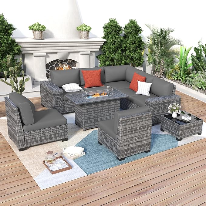 Patio Furniture with Fire Pit Table,8‘’ Wide armrest Outdoor Sectional Rattan Sofa Set, Wicker Patio Furniture Sets w/Coffee Table,Thick Cushions and Cover for Porch,Deck, 9PC (Grey&Grey)