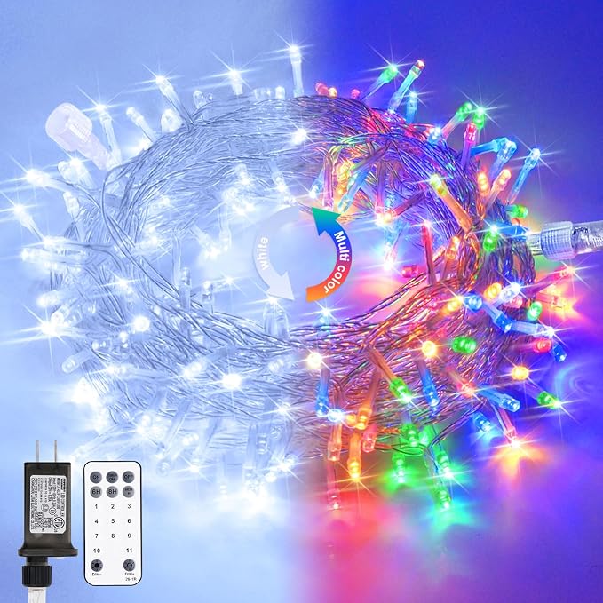 JMEXSUSS 100 LED Cool White & Multicolor Christmas Lights Indoor | Color Changing String Lights Plug in, 33ft Christmas String Lights Outdoor Waterproof for Xmas Tree Indoor Decor