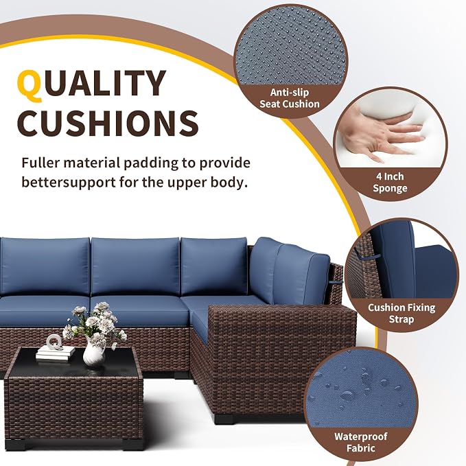 Outdoor Patio Furniture Set, 8'' Wide armrest Outdoor Sectional Rattan Sofa Set, Wicker Patio Furniture Sets w/Coffee Table,Thick Cushions and Cover for Porch, Balcony,Deck 6 PCS(Brown&Navy)