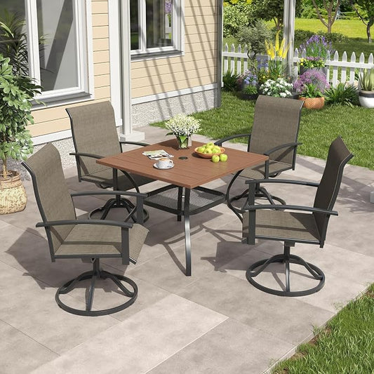 VICLLAX 5 Pieces Patio Outdoor Dining Set, 4 Swivel Textilene Chairs and 38" Square Metal Table with Umbrella Hole for Porch, Deck, Garden, Walnut/Brown