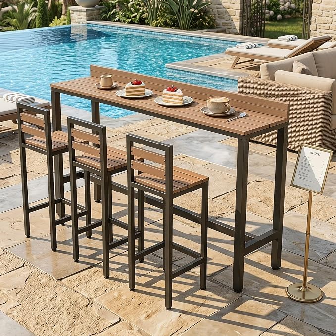 Outdoor Patio Bar Height Table with Baffle, Weather Resistant High Counter Table Porch Pub Tables Wood-Plastic Tabletop, for Poolside Garden Balcony Restaurant Cafe(Black,86.6"x15.7"x40.5")