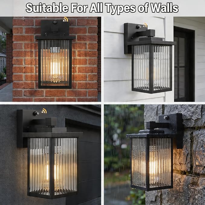 2 Pack Black Dusk to Dawn Outdoor Wall Light, All-Metal Frame | Auto On/Off, Rust-Resistant,Tempered Glass, Easy DIY Install on Porch, Garage