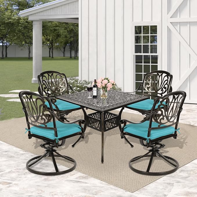 5 Piece Patio Dining Set, Outdoor Table and Chairs Set for 4 Cushioned Swivel Rocking Chairs and 35.4'' Square Table, All-Weather Cast Aluminum Patio Funiture Set, 2.2'' Umbrella Hole, Blue