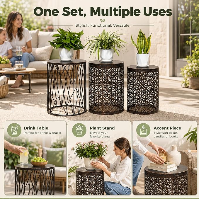 HFHOME Set of 3 Heavy-Duty Round End Table, Side Table, Coffee Table for Indoor Multifunctional Use, Outdoor Decorative Garden Stool Plant Stand-Bronze