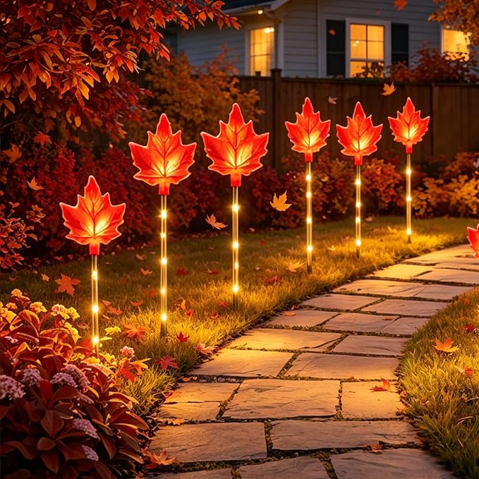 Solar Maple Leaf Lights - 6 Pack Outdoor Solar Path Lights with 8 Lighting Modes, Waterproof Garden Stake Lights for Fall, Thanksgiving, Autumn Decor, Housewarming Gifts & Outdoor Decor
