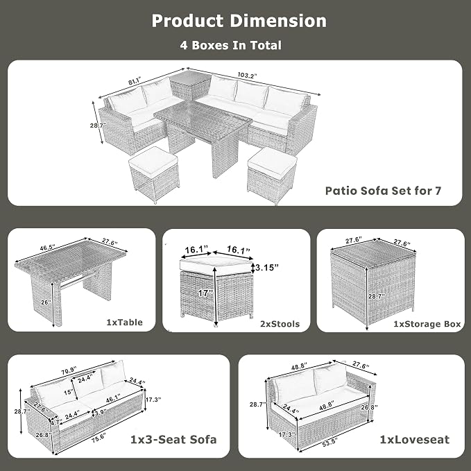 Outdoor 6-Piece All Weather PE Rattan Sofa Set, Garden Patio Wicker Sectional Furniture Set with Adjustable Seat, Storage Box, Removable Covers and Tempered Glass Top Table, Beige