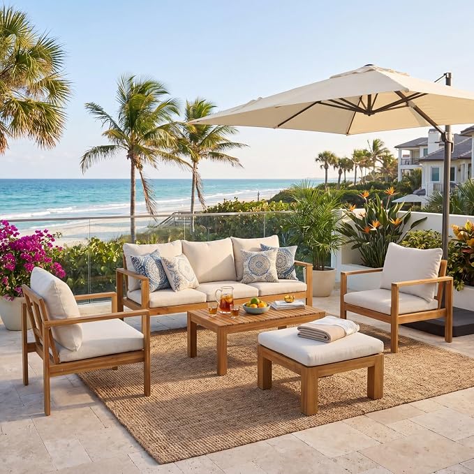 5-Piece Patio Furniture Set, Outdoor Conversation Set with Acacia Wood, Coffee Table and Ottoman, All-Weather Cushions for Backyard, Garden and Poolside(D-Beige)