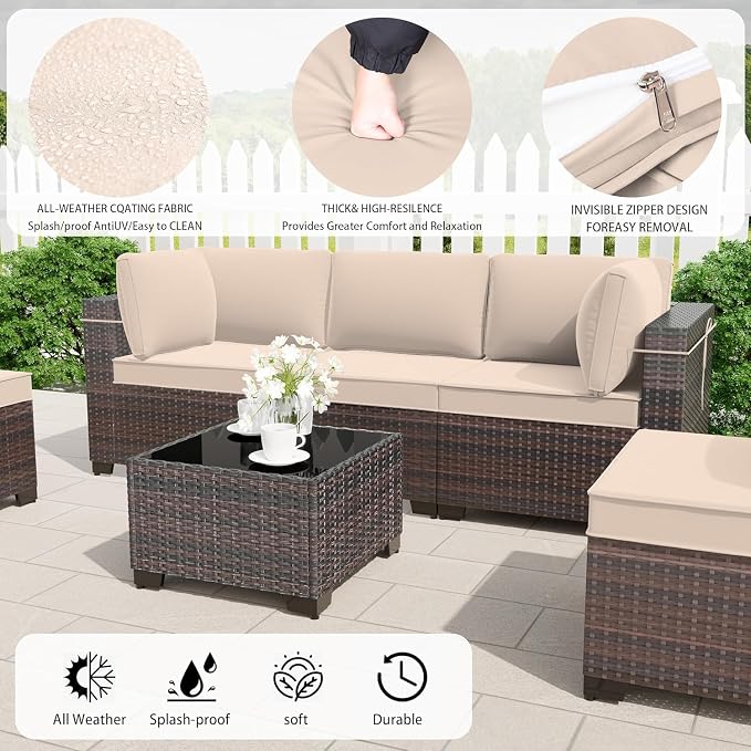 13 Pieces Outdoor Patio Furniture Set,Outdoor Sectional Furniture with 43" 55000 BTU Gas Propane Fire Pit Table,PE Rattan Wicker Patio Conversation Set with 10 Thickened Cushions,Sand