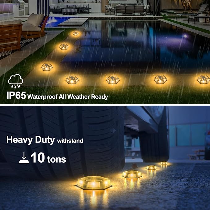Solar Dock Lights Outdoor, 8 Packs Warm White Solar Deck Lights with 6 LEDs, IP65 Waterproof Solar Driveway Lights, Auto On/Off Deck Lights for Driveway, Pathway, Patio, Garden, Steps