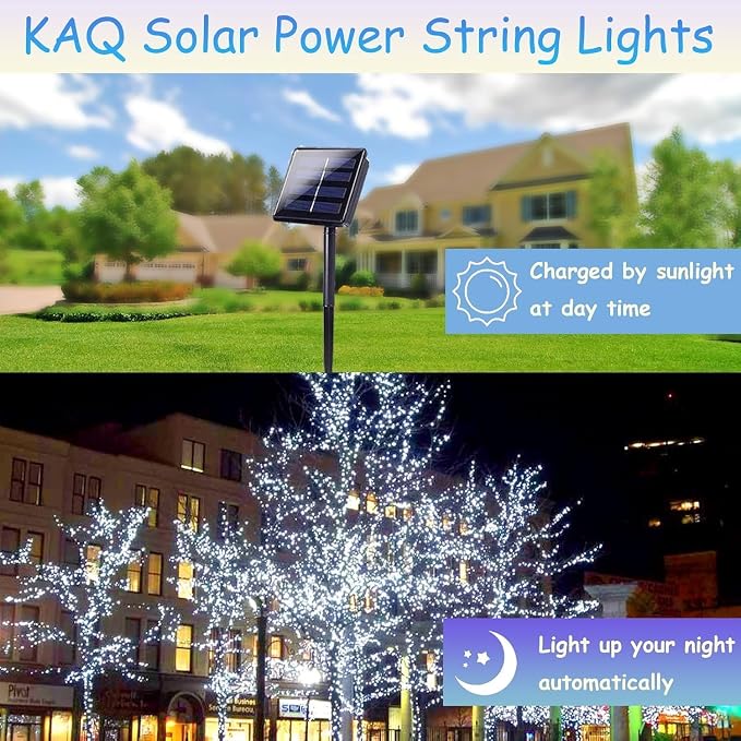 KAQ 4pack 400LED Solar String Lights Outdoor Waterproof Cool White | Total 132FT Flexible Wire With Bright LEDs, 8 Twinkle Modes with Memory, Auto On/Off Easily Decorates Trees, Fences, Garden