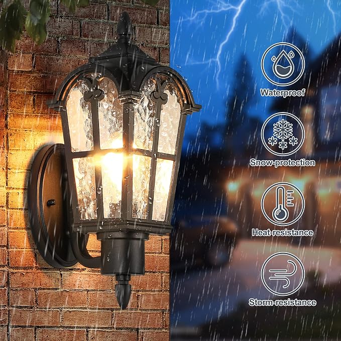 16’’ Large Outdoor Wall Light Fixture, Exterior Wall Lantern Sconce | Waterproof, Rust-resistant, Matte Black, Water Ripple Glass, Quick & Easy Installation, Retro & Traditional