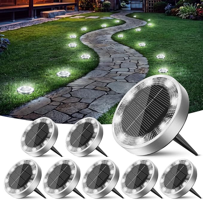 Solar Lights Outdoor Waterproof, 8 Pack Solar Powered Ground Lights Outdoor, IP68 Waterproof, Anti-Rust, Solar Garden Lights Landscape Lighting for Pathway Yard Lawn Walkway Driveway,Cool White