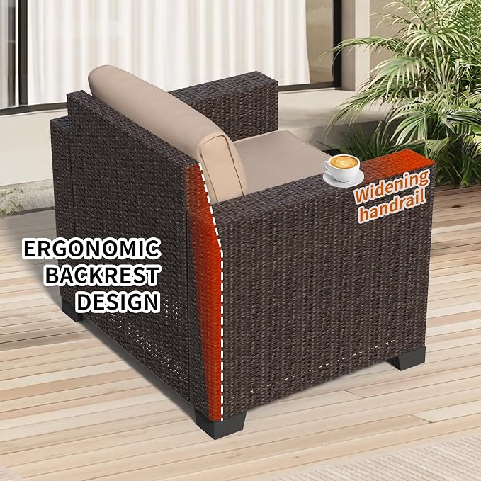YLGJ&TIDY 7 PCS Outdoor Patio Wicker Furniture Set Sofa with Coffee Table | All Weather Rattan Woven Patio Conversation Set with Khaki Thicken Cushion and Tempered Glass Table for Garden Backyard