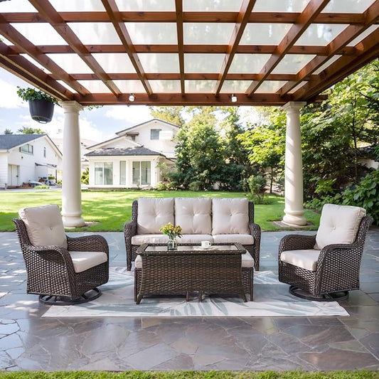 Belord Wicker Outdoor Furniture Patio Furniture Set - 6 Piece Patio Conversation Set with Swivel Rocker Chairs, Rattan Sofa, Ottomans and Coffee Table, Beige Cushion
