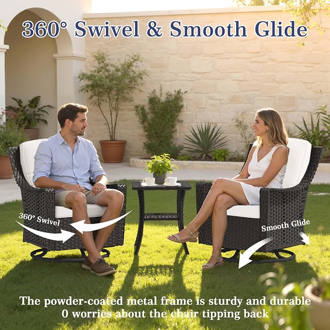 3 Pieces Patio Swivel Chairs & Side Table, Patio Wicker Chairs with Water-Resistant Cushion for Porch Outdoor PE Rattan Furniture Set