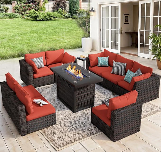 9 Piece Patio Furniture Set with Fire Pit Table, Outdoor Sectional Sofa PE Rattan, Patio Conversation Sets with Cushions for Garden Lawn Balcony Porch Deck Red