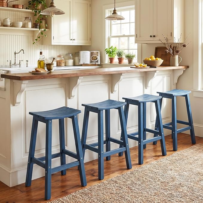 Stoog All-Weather Bar Stools Set of 4, 28" Outdoor Patio Barstools, Low Maintenance HIPS Furniture, Never Rots or Fades, for Kitchen Counter, Deck & Garden, Blue