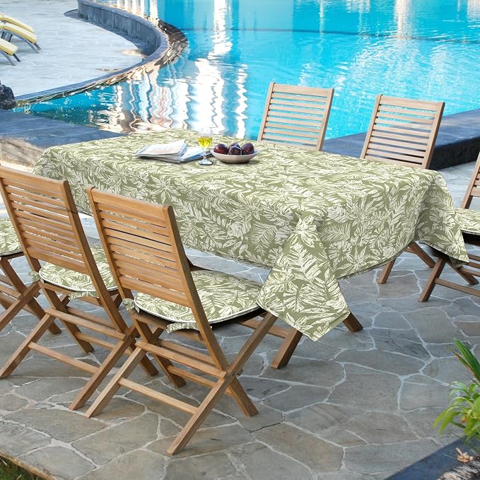 DYTXIII Outdoor Rectangle Tablecloth with Umbrella Hole and Zipper 84" x 60", Water Repellent Floral Picnic Cover, Fade & Wrinkle Resistant Tablecloth for Patio/Garden/Party Table, Tropical Leaf Green