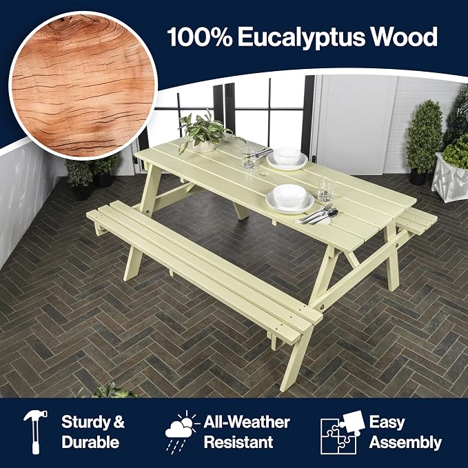 JONATHAN Y Shoreham 59" Eucalyptus Wood Outdoor Picnic Table with Benches for Patio, Rectangular Dining Set with 2" Umbrella Hole, Heavy Duty 700 lbs Capacity, Almond BNH200C