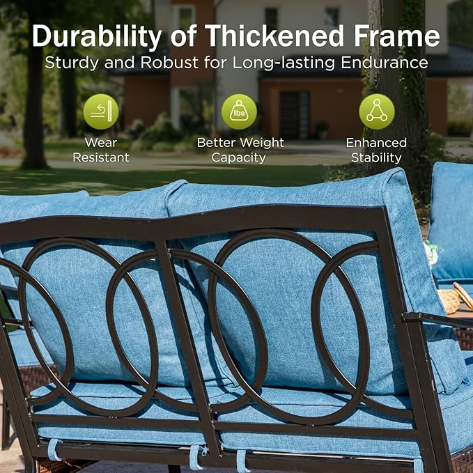 PHI VILLA Patio Furniture Set, Upgraded Wicker & Metal Modern Outdoor Conversation Sets Patio Sectional Rocking Chair Set with Coffee Table & Waterproof Thick Cushions for Porch, Deck(6 Pieces, Navy)
