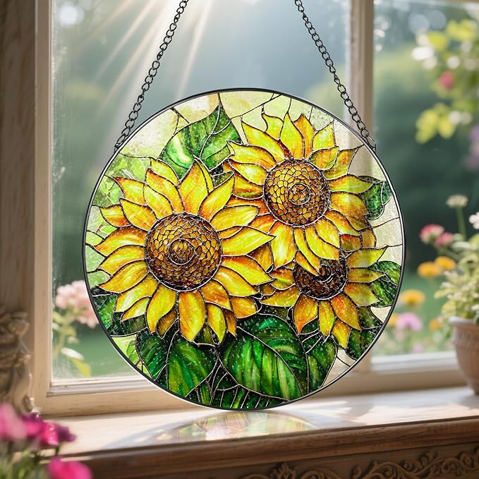 Sunflower Stained Glass Suncatcher, 8 Inch Sun Catchers Indoor Window, Stained Glass Window Hanging, Windows Dedor and Christmas, Mother's Day, Birthday, Gifts for Women Mom, Idea Gift, Gift Exchange