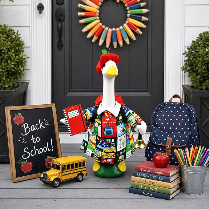 Back to School Porch Goose Outfit,23”Goose Costume Clothes with Apple Hat Schoolbag for School Classroom Home Garden Yard Pathway Patio Decor