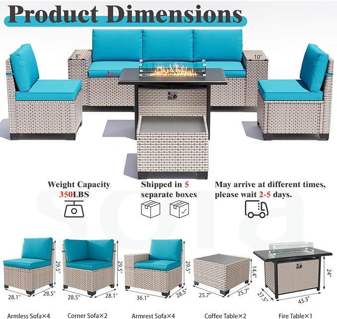 13 Pieces Patio Furniture Set with Fire Pit Table, Outdoor Sectional Wicker Sofa with Thickened Cushions and Coffee Table, High Back Rattan Patio Conversation Sets, Cyan