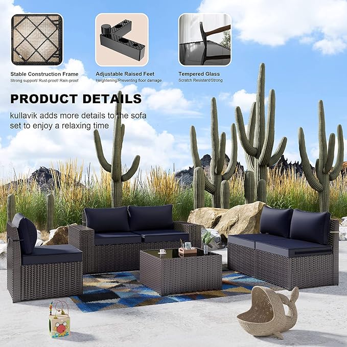 Kullavik Outdoor Patio Furniture Set,12 Pieces Sectional Rattan Sofa Set Brown PE Rattan Wicker Patio Conversation Set with 10 Seat Cushions and 2 Tempered Glass Coffee Table,Navy Blue