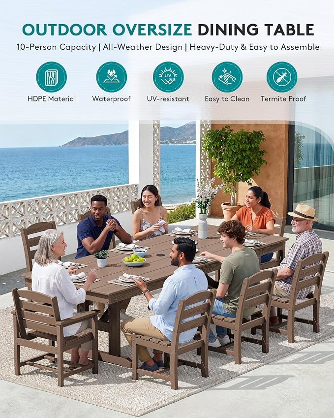 SERWALL 9 Piece Outdoor Dining Set, 84" HDPE Outdoor Table with 6 Armless Chairs and 2 Armchairs ，All Weather Patio Dining Furniture Set with Umbrella Hole for Backyard, Garden, Brown