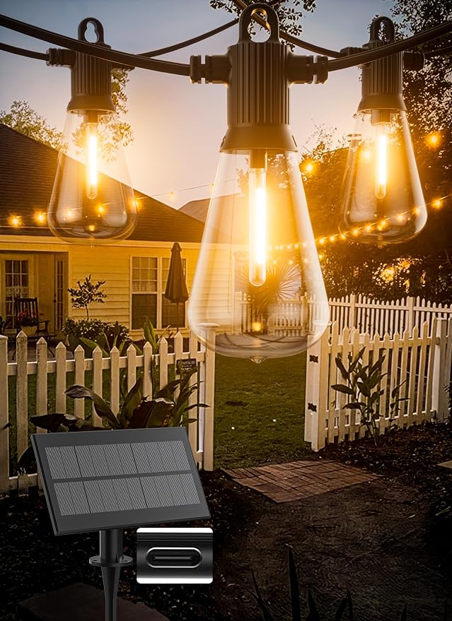 Zuske Solar String Lights Outdoor Waterproof 50FT with USB Port and 27 Shatterproof ST38 Bulbs(2 Spare), LED Solar Powered Patio Lights for Outside, Porch, Backyard, Bistro, Garden, Market - 2200K