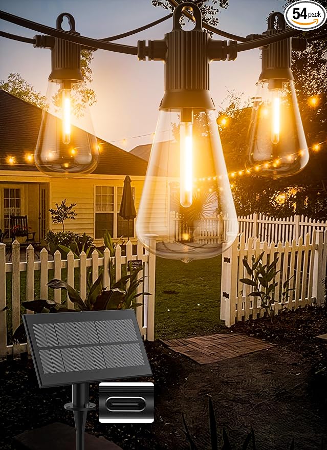 Zuske Solar String Lights Outdoor Waterproof 100FT with USB Port and 52 Shatterproof ST38 Bulbs(2 Spare), LED Solar Powered Patio Lights for Outside, Porch, Backyard, Gazebo, Garden(Warm White)