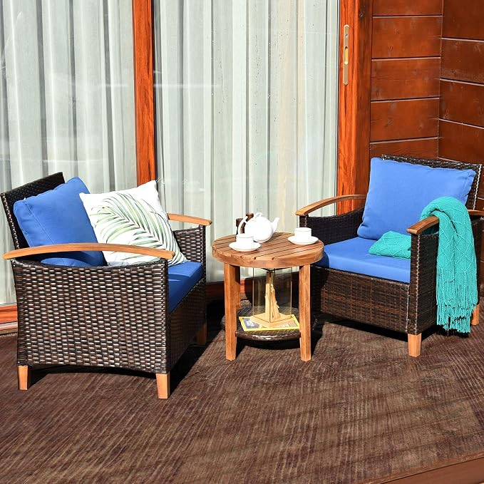Tangkula 3 Pieces Patio Furniture Set, Outdoor Rattan Sofa and Side Table w/Solid Acacia Wood Frame, High Load Bearing Conversation Bistro Set w/Washable and Removable Cushions (Navy Blue)