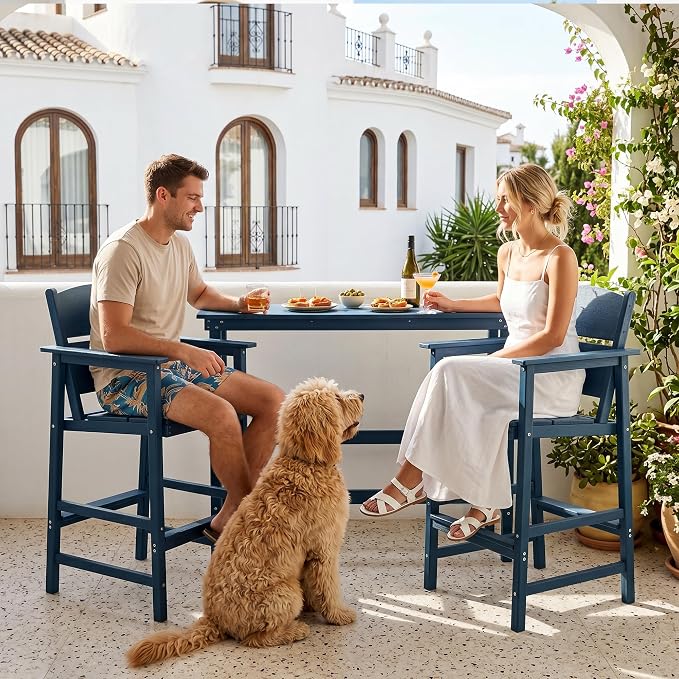 3 Piece Outdoor Bar Table and Chairs Set, HDPE Outdoor Bar Table Set with Aluminum Reinforced Tabletop, All Weather Bar Height Patio Bistro Set for Balcony/Porch/Backyard, Blue