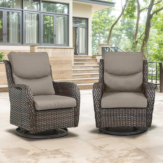 Swivel Patio Chairs Set of 2 with 5" Thick Cushion - Wicker Outdoor Swivel Rocker Patio Chairs, High Back Comfortable Outdoor Glider Chair for Balcony, Porch, Deck, Poolside - Brown-Gray