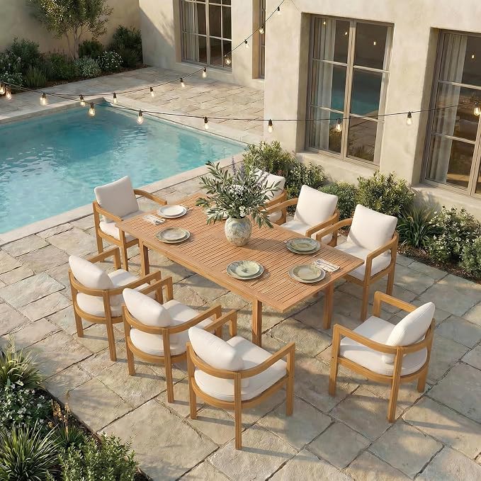 SUNSITT 9-Piece Outdoor Patio Dining Set, 59" - 79" Acacia Wood Expandable Outdoor Table Set and 8 Curved Patio Arm Chairs w/Removable Cushions for Backyard, Porch, Deck
