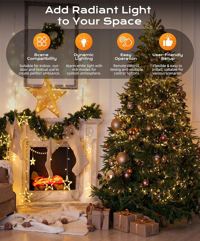 99ft 100 LED Warm White Christmas Fairy String Lights, Remote | 8 modes with timer function; perfect for indoor or outdoor house, bedroom & room aesthetic decoration or holiday party decor.