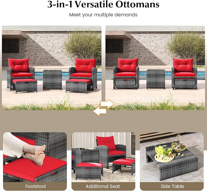 COSTWAY 5-Piece Rattan Conversation Set, Outdoor Wicker Sofa, Tempered Glass Coffee Table & Ottomans for Small Space, Boho Chic Indoor/Outdoor Furniture Set for Poolside, Backyard, Deck (Red)